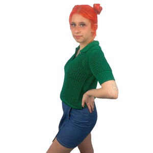 Zara Knit Kelly Green Collared Short Sleeve Crocheted Sweater